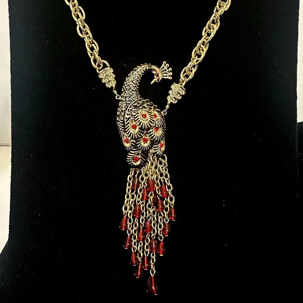 Vintage Red Lotus Peacock Statement Necklace Gold Tone Red Tassel Rhinestone